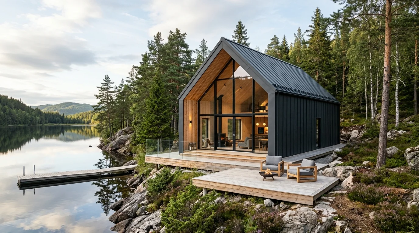 Eksterijer moderne Barn House vikendice sa tamnim falcovanim limom, drvenom fasadom i velikom terasom u prirodi
