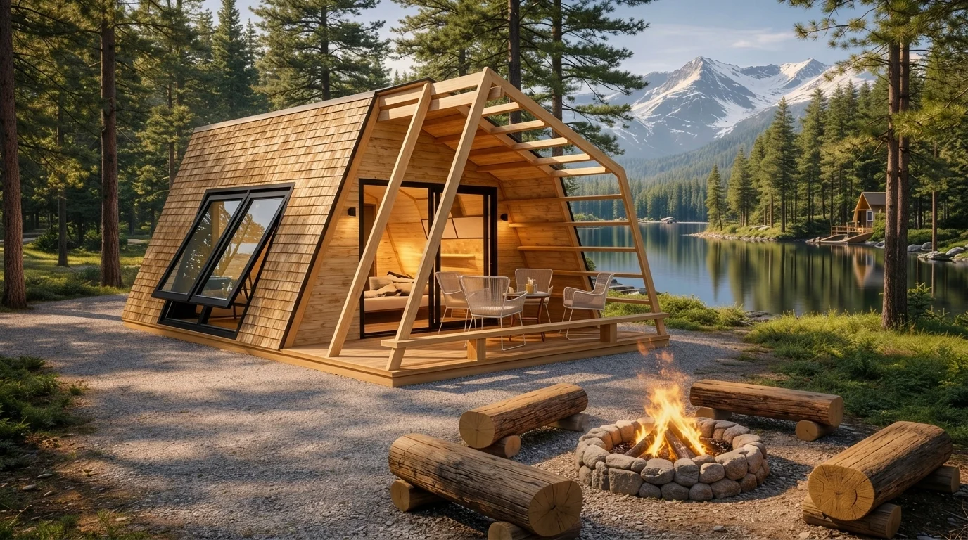 Half A-Frame glamping pod sa prirodnim drvenim šindrama, otvorenom pergolom i kamenim ognjištem uz jezero