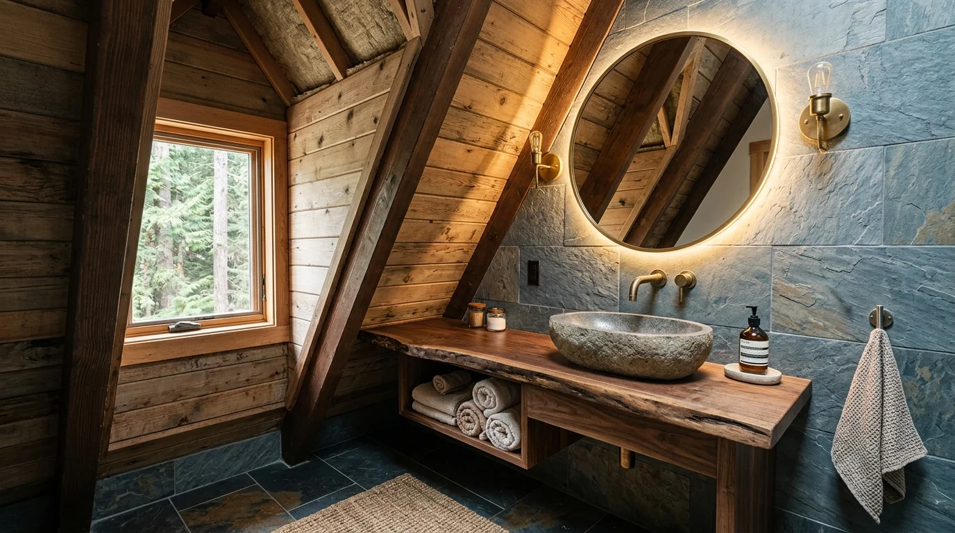 Kompaktna radna ploča od punog drveta i lavabo uklopljeni pod kosinu A-frame krova