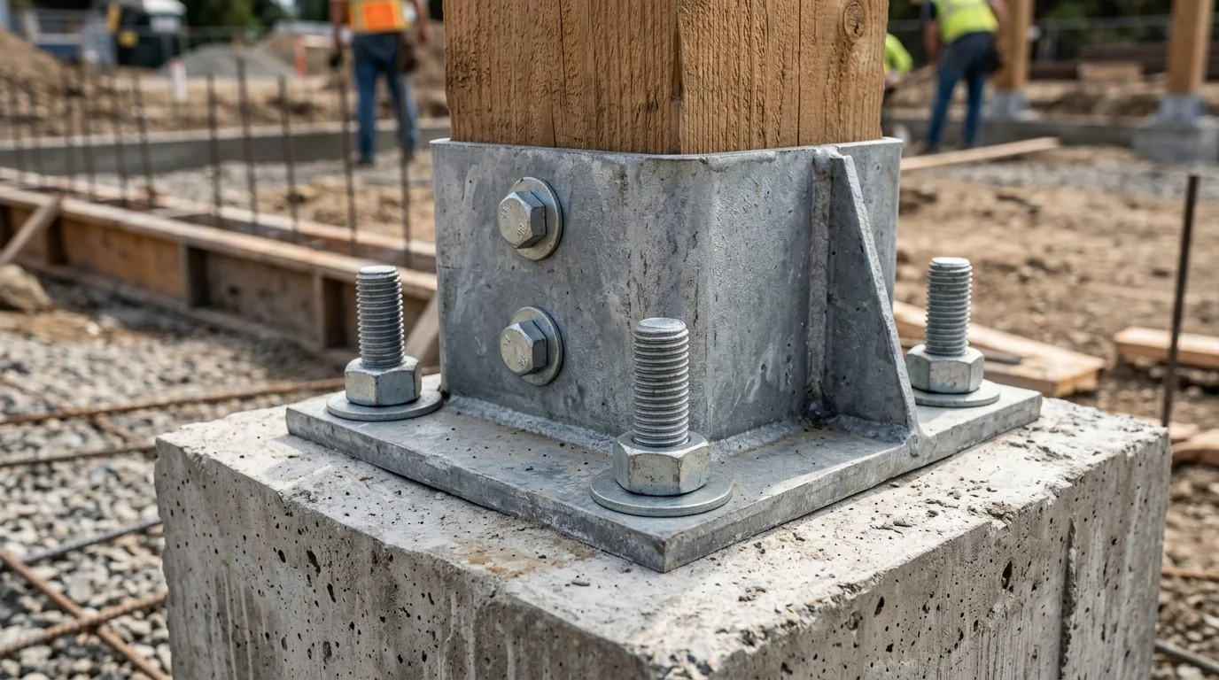 Masivna pocinkovana čelična stopa sa anker vijcima koja povezuje drveni stub sa betonskom stopom