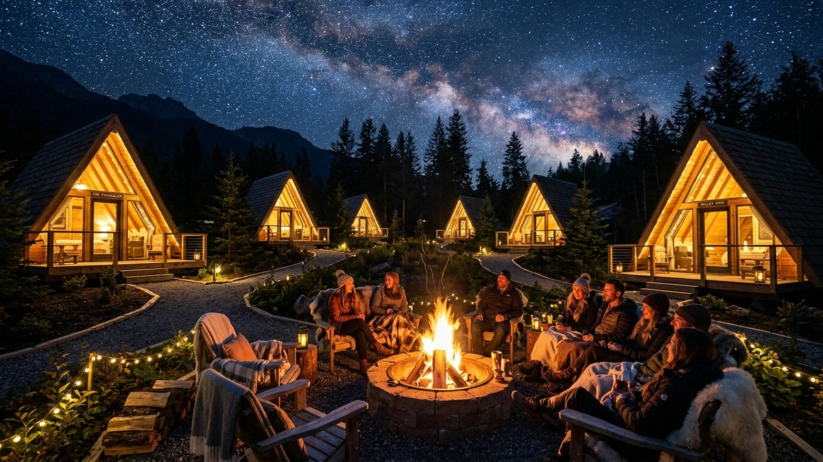 Enterijer jedne od luksuznih A-frame kućica sa pogledom na prirodu